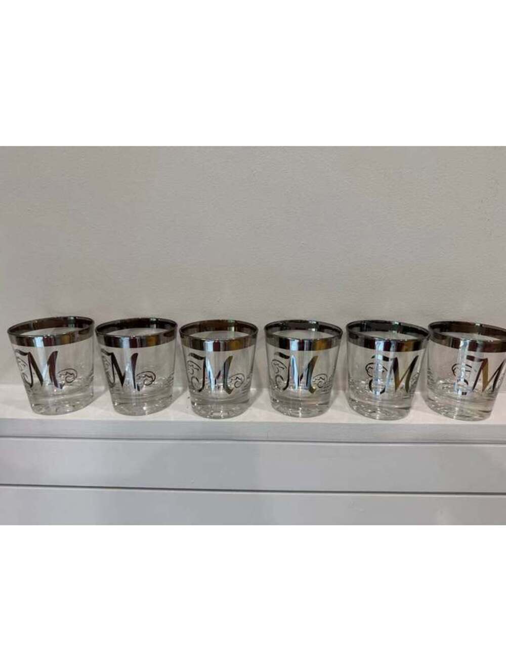 Set of 6 Monogrammed 'M' Silver Rim Rocks Glasses